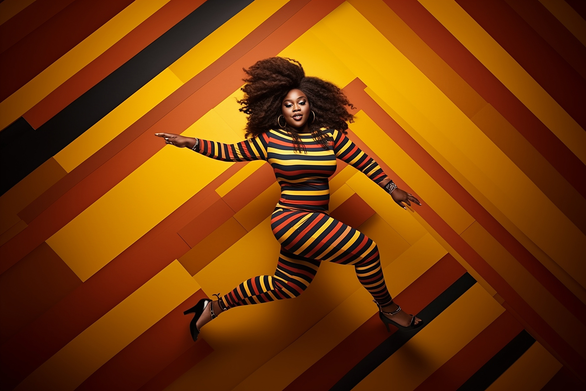 A dynamic image capturing a plus-size model in mid-air, joyfully jumping and posing. She wears a vibrant outfit that accentuates her figure, exuding confidence and happiness. The background is simple, ensuring the focus remains on her energy and the positive message of body diversity and self-expression